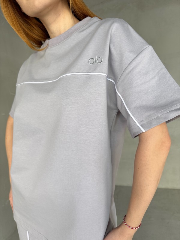 TKM-03653 Boyama Gri Muadil Kumaş Bisiklet Yaka Tshirt Bel Lastikli Palazzo Alt Biyeli İkili Takım - 4