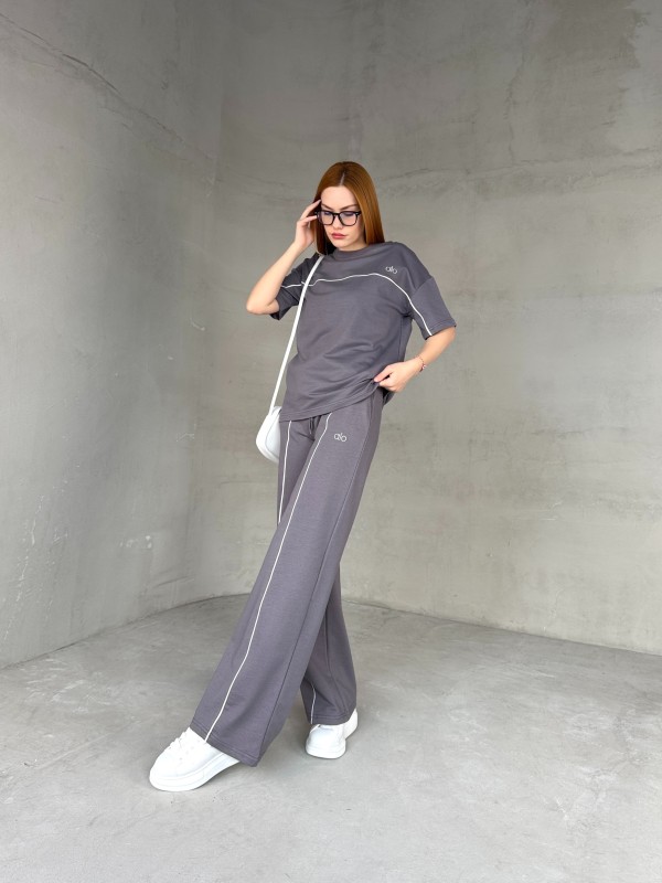 TKM-03653 Füme Muadil Kumaş Bisiklet Yaka Tshirt Bel Lastikli Palazzo Alt Biyeli İkili Takım - 3