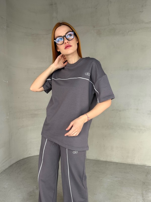 TKM-03653 Füme Muadil Kumaş Bisiklet Yaka Tshirt Bel Lastikli Palazzo Alt Biyeli İkili Takım - 4