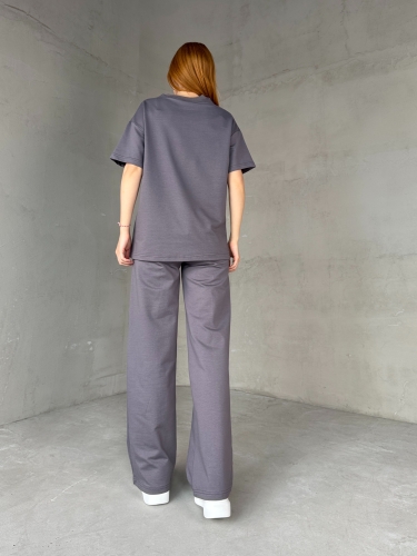 TKM-03653 Füme Muadil Kumaş Bisiklet Yaka Tshirt Bel Lastikli Palazzo Alt Biyeli İkili Takım - 6