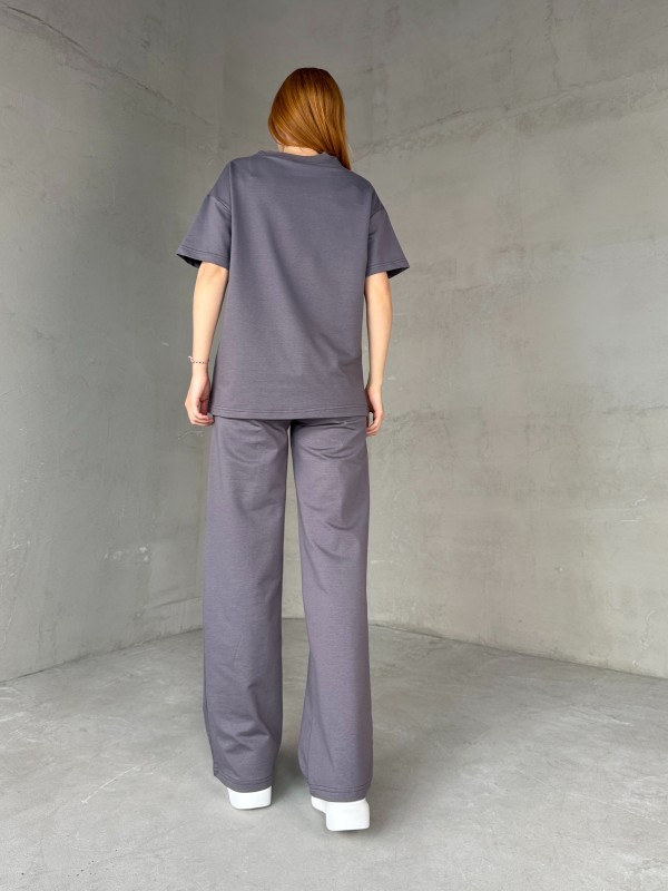 TKM-03653 Füme Muadil Kumaş Bisiklet Yaka Tshirt Bel Lastikli Palazzo Alt Biyeli İkili Takım - 6