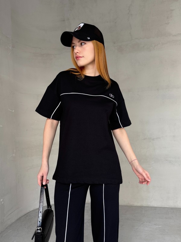 TKM-03653 Siyah Muadil Kumaş Bisiklet Yaka Tshirt Bel Lastikli Palazzo Alt Biyeli İkili Takım - 2
