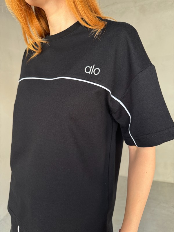 TKM-03653 Siyah Muadil Kumaş Bisiklet Yaka Tshirt Bel Lastikli Palazzo Alt Biyeli İkili Takım - 4