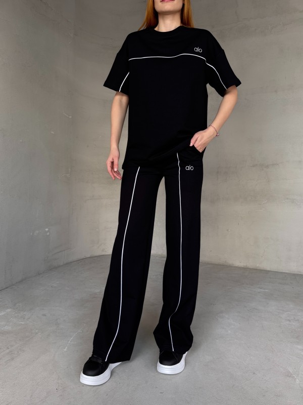 TKM-03653 Siyah Muadil Kumaş Bisiklet Yaka Tshirt Bel Lastikli Palazzo Alt Biyeli İkili Takım - 7