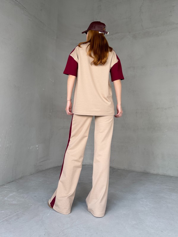 TKM-03654 Bej Bordo P Nakışlı Bisiklet Yaka Tshirt Bel Lastikli Palazzo Alt İkili Takım - 7