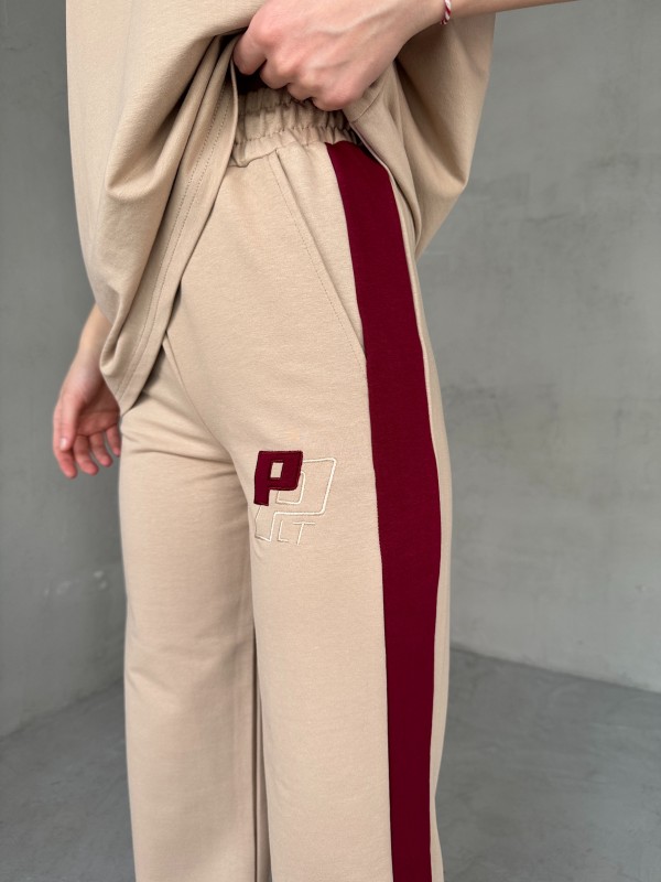 TKM-03654 Bej Bordo P Nakışlı Bisiklet Yaka Tshirt Bel Lastikli Palazzo Alt İkili Takım - 4