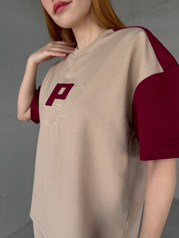 TKM-03654 Bej Bordo P Nakışlı Bisiklet Yaka Tshirt Bel Lastikli Palazzo Alt İkili Takım - 5