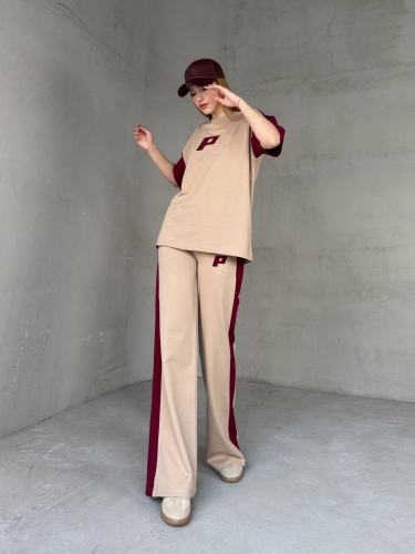 TKM-03654 Bej Bordo P Nakışlı Bisiklet Yaka Tshirt Bel Lastikli Palazzo Alt İkili Takım - 6