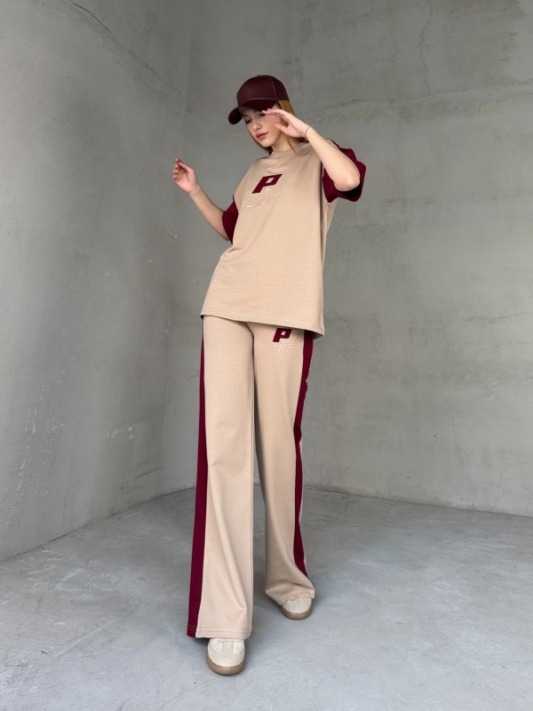 TKM-03654 Bej Bordo P Nakışlı Bisiklet Yaka Tshirt Bel Lastikli Palazzo Alt İkili Takım - 6