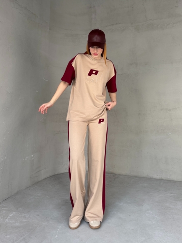 TKM-03654 Bej Bordo P Nakışlı Bisiklet Yaka Tshirt Bel Lastikli Palazzo Alt İkili Takım 