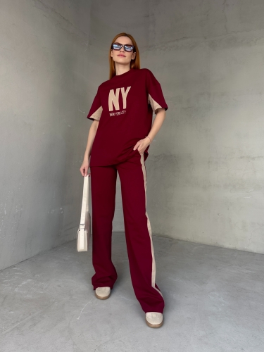 TKM-03655 Bordo Krem NY Nakışlı Bisiklet Yaka Tshirt Bel Lastikli Palazzo Alt İkili Takım - Cappmoda