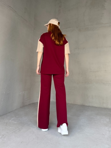TKM-03654 Bordo Bej P Nakışlı Bisiklet Yaka Tshirt Bel Lastikli Palazzo Alt İkili Takım - 8