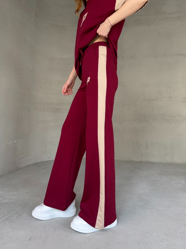 TKM-03654 Bordo Bej P Nakışlı Bisiklet Yaka Tshirt Bel Lastikli Palazzo Alt İkili Takım - 3