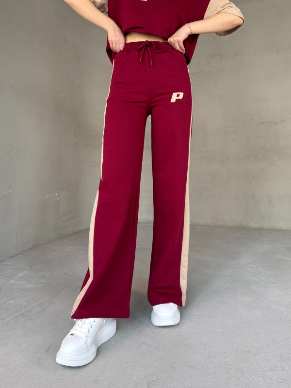 TKM-03654 Bordo Bej P Nakışlı Bisiklet Yaka Tshirt Bel Lastikli Palazzo Alt İkili Takım - 4