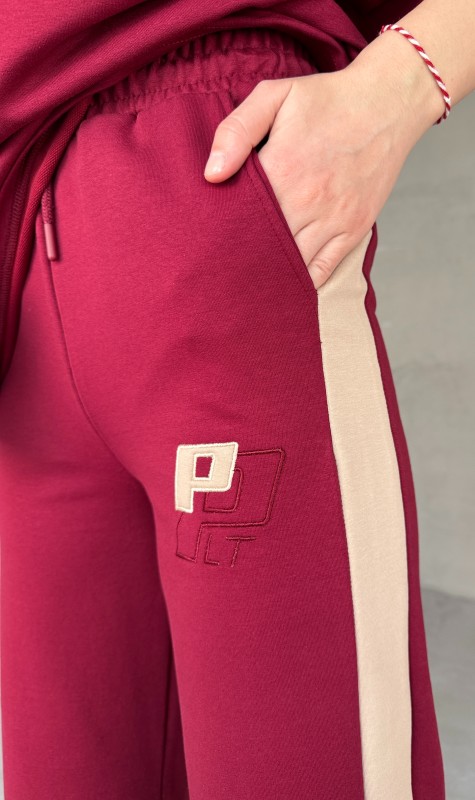 TKM-03654 Bordo Bej P Nakışlı Bisiklet Yaka Tshirt Bel Lastikli Palazzo Alt İkili Takım - 5