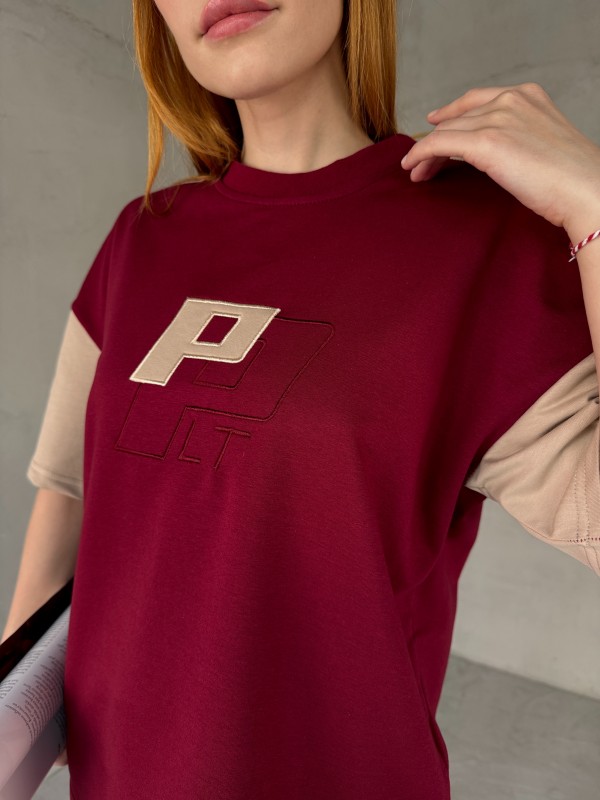 TKM-03654 Bordo Bej P Nakışlı Bisiklet Yaka Tshirt Bel Lastikli Palazzo Alt İkili Takım - 6