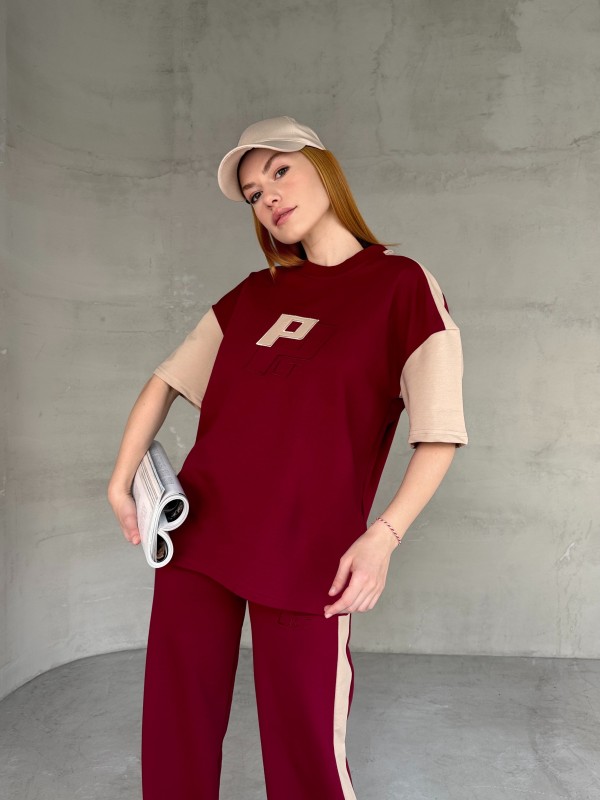 TKM-03654 Bordo Bej P Nakışlı Bisiklet Yaka Tshirt Bel Lastikli Palazzo Alt İkili Takım - 2
