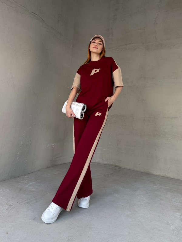 TKM-03654 Bordo Bej P Nakışlı Bisiklet Yaka Tshirt Bel Lastikli Palazzo Alt İkili Takım - 1
