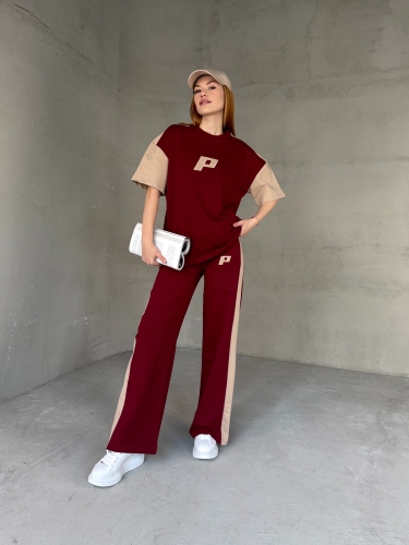 TKM-03654 Bordo Bej P Nakışlı Bisiklet Yaka Tshirt Bel Lastikli Palazzo Alt İkili Takım - 7