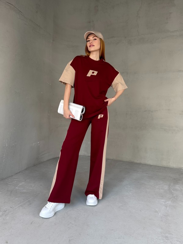 TKM-03654 Bordo Bej P Nakışlı Bisiklet Yaka Tshirt Bel Lastikli Palazzo Alt İkili Takım - 7