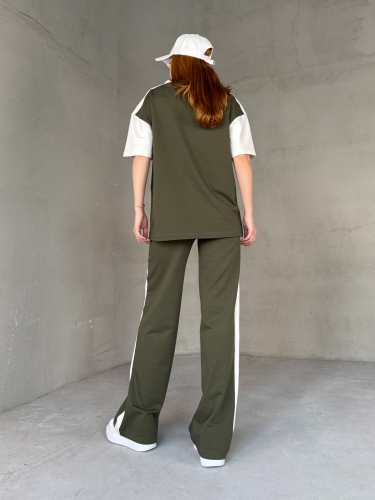 TKM-03654 Haki Beyaz P Nakışlı Bisiklet Yaka Tshirt Bel Lastikli Palazzo Alt İkili Takım - 6