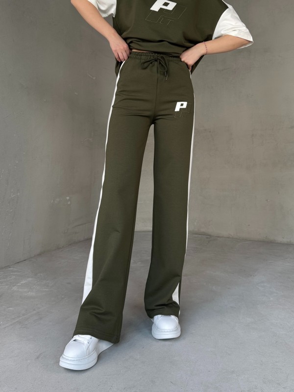 TKM-03654 Haki Beyaz P Nakışlı Bisiklet Yaka Tshirt Bel Lastikli Palazzo Alt İkili Takım - 4