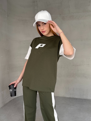 TKM-03654 Haki Beyaz P Nakışlı Bisiklet Yaka Tshirt Bel Lastikli Palazzo Alt İkili Takım - 3