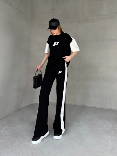 TKM-03654 Siyah Beyaz P Nakışlı Bisiklet Yaka Tshirt Bel Lastikli Palazzo Alt İkili Takım - Cappmoda