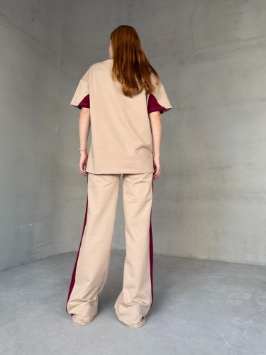 TKM-03655 Bej Rengi Bordo NY Nakışlı Bisiklet Yaka Tshirt Bel Lastikli Palazzo Alt İkili Takım - 7