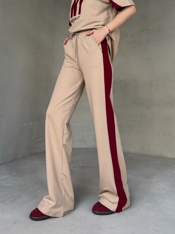 TKM-03655 Bej Rengi Bordo NY Nakışlı Bisiklet Yaka Tshirt Bel Lastikli Palazzo Alt İkili Takım - 3