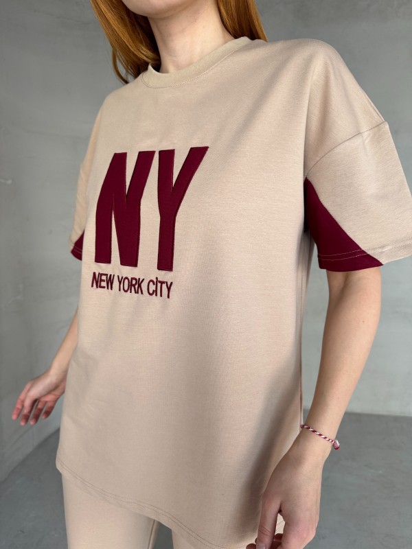 TKM-03655 Bej Rengi Bordo NY Nakışlı Bisiklet Yaka Tshirt Bel Lastikli Palazzo Alt İkili Takım - 2