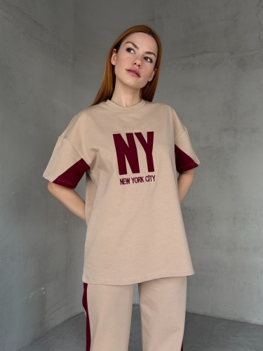 TKM-03655 Bej Rengi Bordo NY Nakışlı Bisiklet Yaka Tshirt Bel Lastikli Palazzo Alt İkili Takım - 4