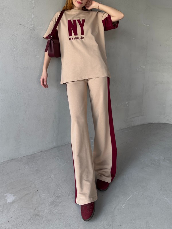 TKM-03655 Bej Rengi Bordo NY Nakışlı Bisiklet Yaka Tshirt Bel Lastikli Palazzo Alt İkili Takım - 5
