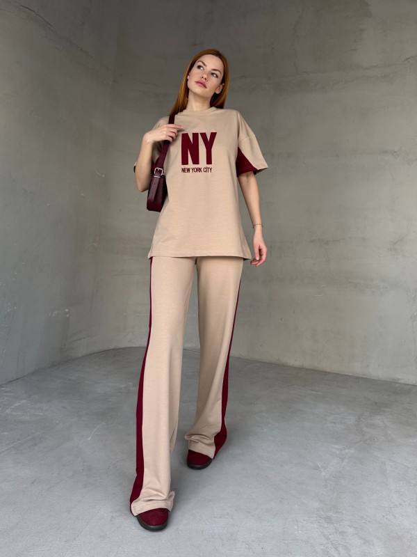 TKM-03655 Bej Rengi Bordo NY Nakışlı Bisiklet Yaka Tshirt Bel Lastikli Palazzo Alt İkili Takım - 1