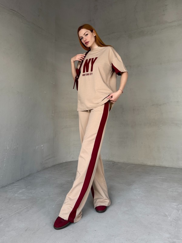 TKM-03655 Bej Rengi Bordo NY Nakışlı Bisiklet Yaka Tshirt Bel Lastikli Palazzo Alt İkili Takım - 6