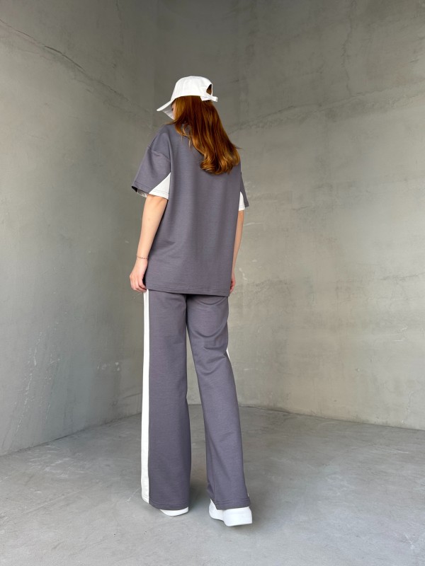 TKM-03655 Boyama Gri Beyaz NY Nakışlı Bisiklet Yaka Tshirt Bel Lastikli Palazzo Alt İkili Takım - 6