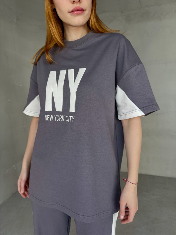 TKM-03655 Boyama Gri Beyaz NY Nakışlı Bisiklet Yaka Tshirt Bel Lastikli Palazzo Alt İkili Takım - 4
