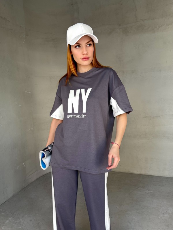 TKM-03655 Boyama Gri Beyaz NY Nakışlı Bisiklet Yaka Tshirt Bel Lastikli Palazzo Alt İkili Takım - 2