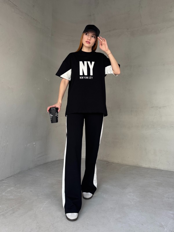 TKM-03655 Siyah Beyaz NY Nakışlı Bisiklet Yaka Tshirt Bel Lastikli Palazzo Alt İkili Takım - 1