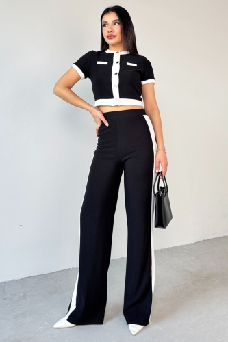 TKM-03656 Siyah Düğmeli Şeritli Crop Bluz Yan Şeritli Palazzo Pantolon İkili Takım - Cappmoda