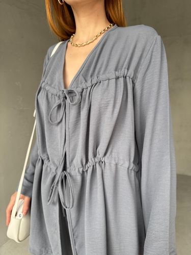 TKM-03658 Füme Çift Bağlamalı Salaş Tasarım Bluz Palazzo Pantolon İkili Takım - 2
