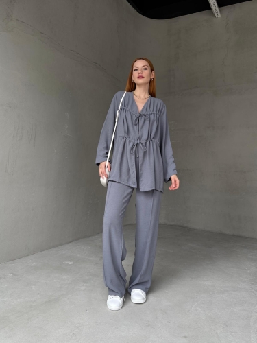 TKM-03658 Füme Çift Bağlamalı Salaş Tasarım Bluz Palazzo Pantolon İkili Takım 