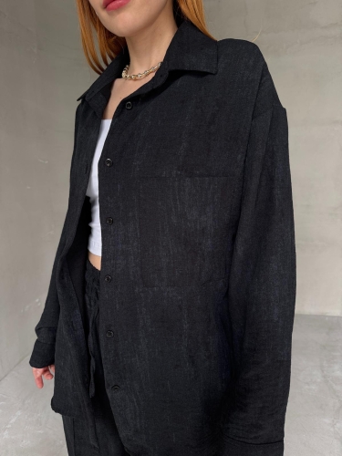 TKM-03659 Siyah Yıkama Kumaş Cepli Salaş Gömlek Bel Lastikli Havuç Model Pantolon İkili Takım - 2