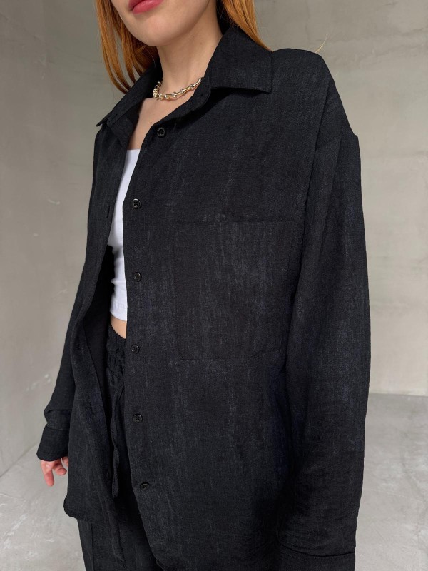 TKM-03659 Siyah Yıkama Kumaş Cepli Salaş Gömlek Bel Lastikli Havuç Model Pantolon İkili Takım - 2