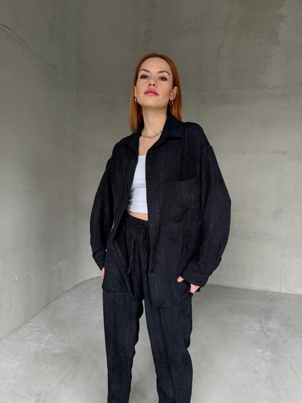 TKM-03659 Siyah Yıkama Kumaş Cepli Salaş Gömlek Bel Lastikli Havuç Model Pantolon İkili Takım - 4