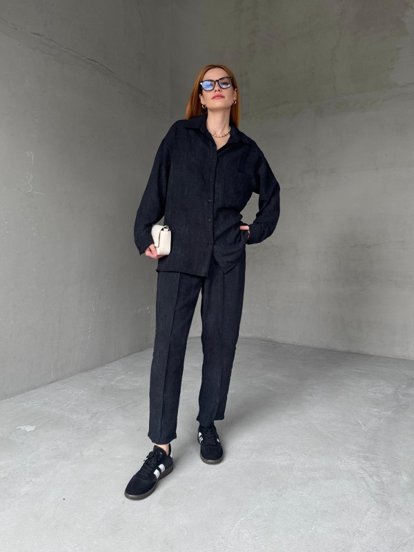 TKM-03659 Siyah Yıkama Kumaş Cepli Salaş Gömlek Bel Lastikli Havuç Model Pantolon İkili Takım - 6