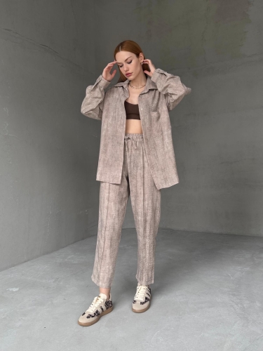TKM-03659 Taş Rengi Yıkama Kumaş Cepli Salaş Gömlek Bel Lastikli Havuç Model Pantolon İkili Takım - 1