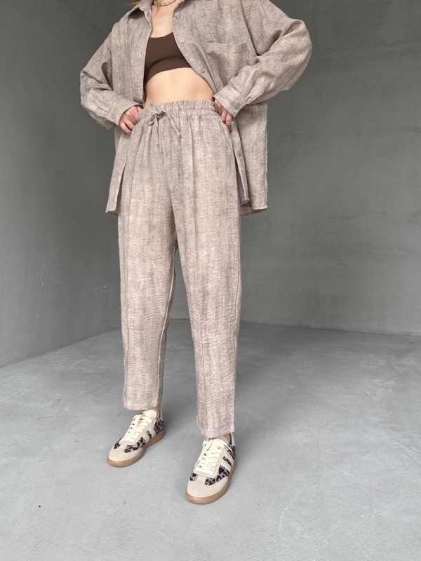 TKM-03659 Taş Rengi Yıkama Kumaş Cepli Salaş Gömlek Bel Lastikli Havuç Model Pantolon İkili Takım - 2