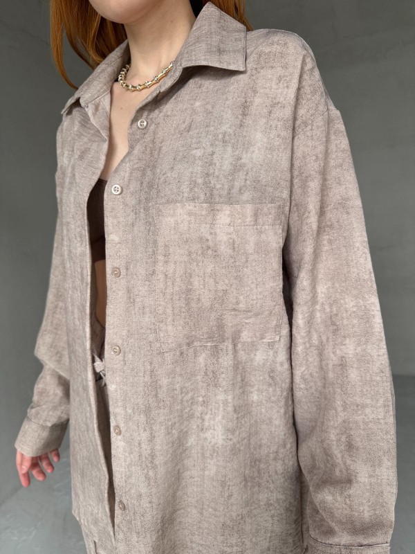 TKM-03659 Taş Rengi Yıkama Kumaş Cepli Salaş Gömlek Bel Lastikli Havuç Model Pantolon İkili Takım - 3