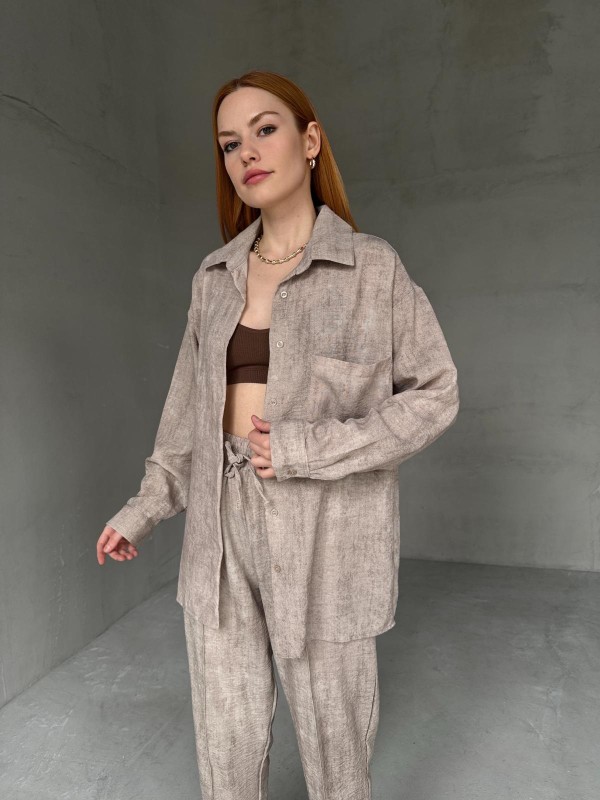 TKM-03659 Taş Rengi Yıkama Kumaş Cepli Salaş Gömlek Bel Lastikli Havuç Model Pantolon İkili Takım - 4